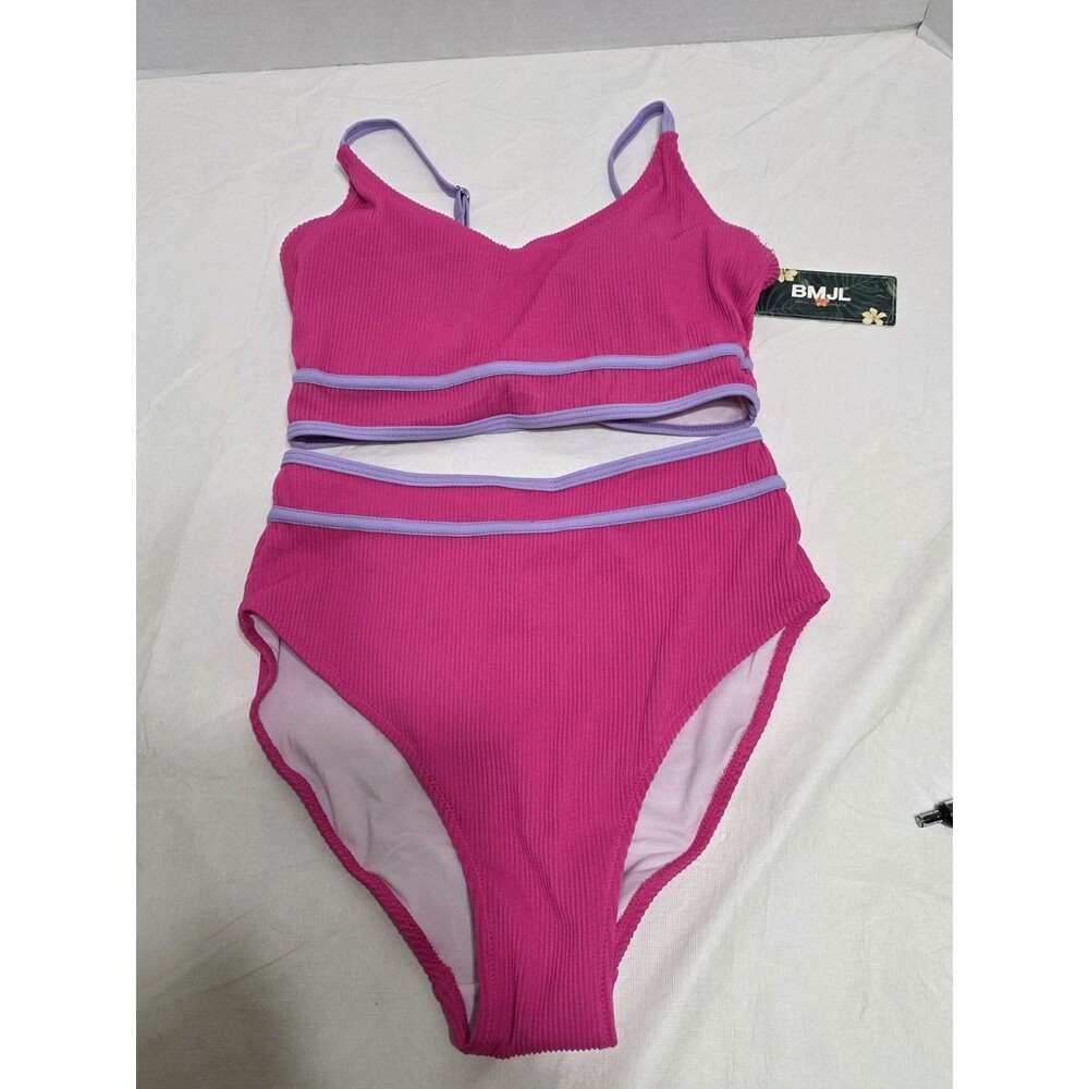 NWT BMJL Two Piece Swimsuit Pink w/ Purple Trim Bikini Size Small